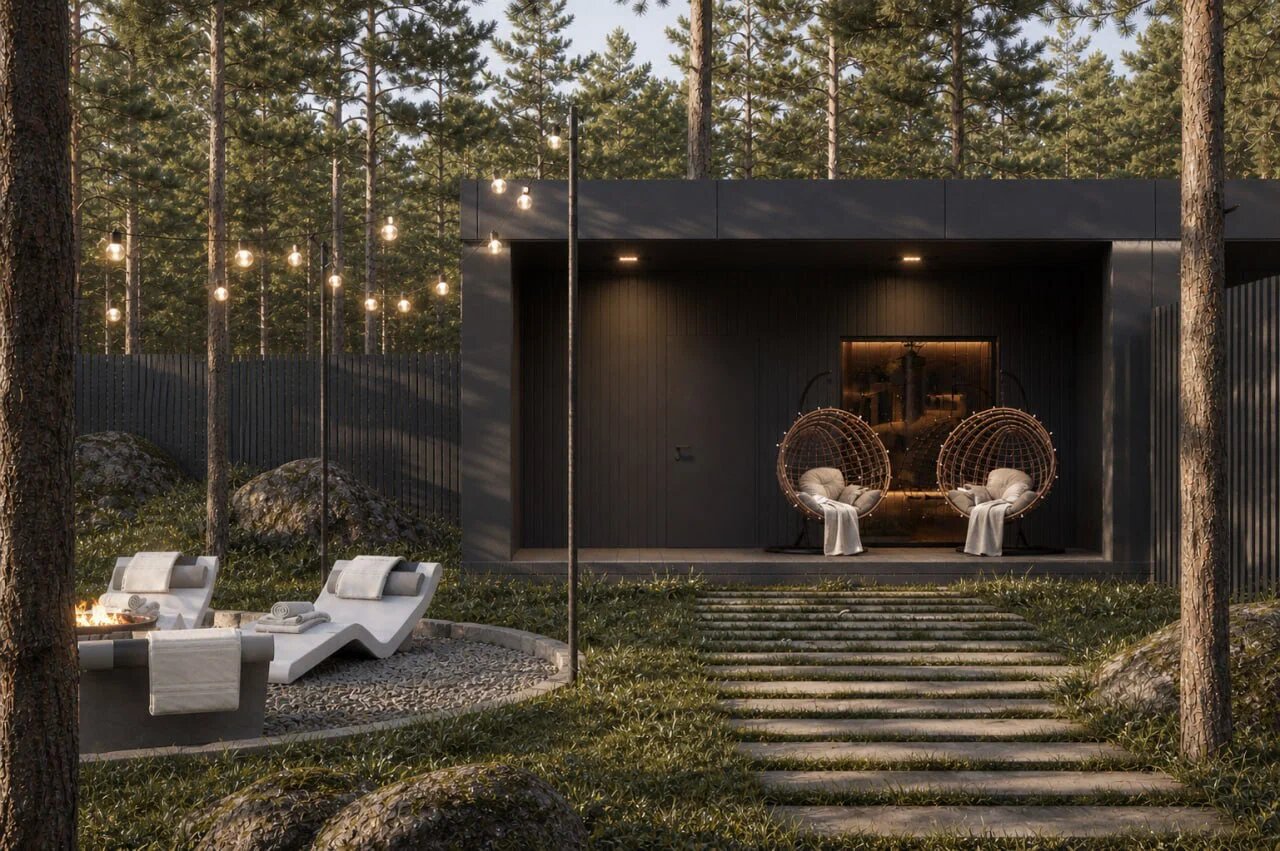 Архитектурная визуализация бани White Resort среди сосен